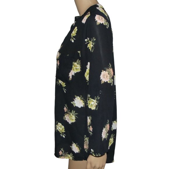 Rue21 Blouse Sz Medium black floral tunic zipper v-neck Pockets roll tab sleeve - Picture 7 of 11